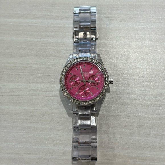 Fossil Watch Hot Pink Clear Band - Picture 1 of 9